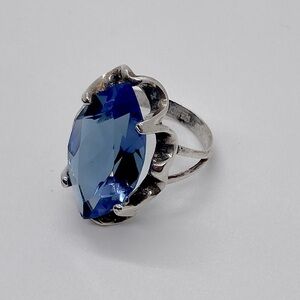 Vtg Mid Century Sterling & Blue Glass Paste Stone Flower Cocktail Ring Sz 9